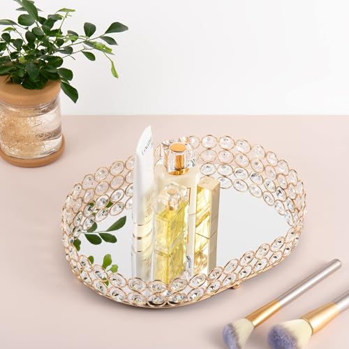 Feyarl Crystal Perfume Tray Vanity Makeup Organizer Ornate Jewelry Trinket Cosmetic Tools Decorative Skin Care Storage for Home Deco Dresser Bathroom Countertop (Oval 12" x 9") (Gold)