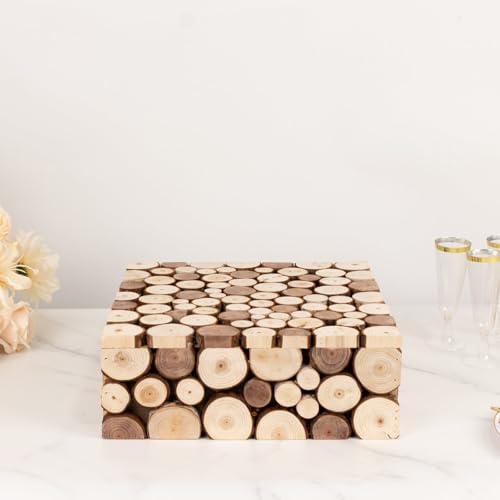 Efavormart 14x14 inch Natural Wooden Slices Square Dessert Stand, Compact Rustic Farmhouse Pedestal Riser with Hollow Bottom for Intimate Celebrations - size: 14"
