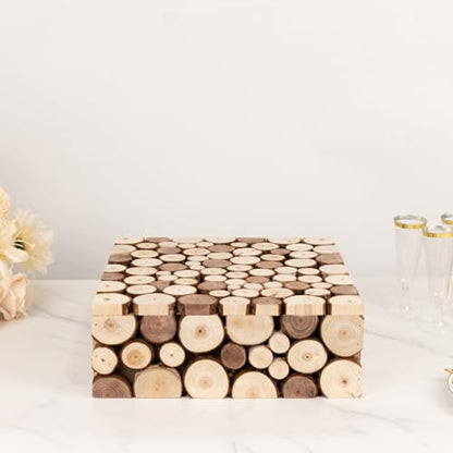 Efavormart 14x14 inch Natural Wooden Slices Square Dessert Stand, Compact Rustic Farmhouse Pedestal Riser with Hollow Bottom for Intimate Celebrations - size: 14"