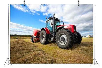 BELECO 10x8ft Fabric Farming Tractor Photography Backdrop Countryside Field Red Tractor Haystack Fall Harvest Photography Background Autumn Themed Party Decoration Photo Studio Props - size: 10x8FT