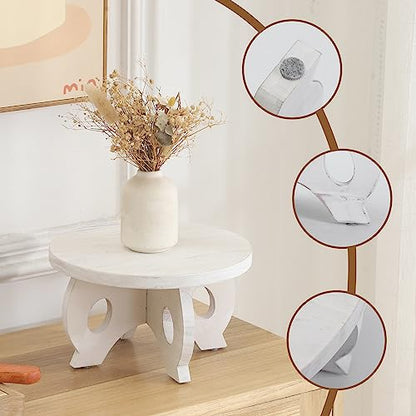 Small Plant Stand Kitchen Display Stand 10 inch Plant Holder Plant Stool Round Stand Risers Farmhouse Rustic Balcony Decor Pedestal Board Washed White - color: White