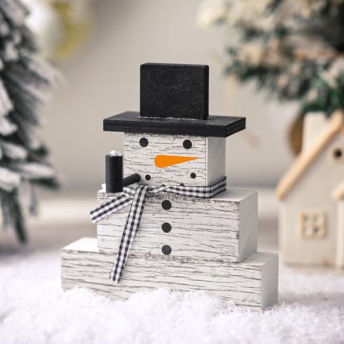 Geelin 4 Pcs Snowman Decor Winter Table Decorations Christmas Tiered Tray Decor Winter Centerpiece Decorations Indoor Rustic Wooden Snowman Block Sign Gift for Home Table Kitchen Shelf - style: Snowman