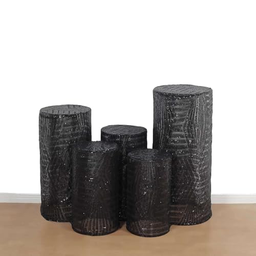 Efavormart Set of 5 Black Sequin Mesh Cylinder Display Box Stand Covers with Geometric Pattern Embroidery, Sparkly Sheer Tulle Pedestal Pillar Prop Covers - color: Black, size: Cylinder sequin geometric cover