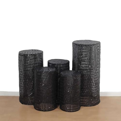 Efavormart Set of 5 Black Sequin Mesh Cylinder Display Box Stand Covers with Geometric Pattern Embroidery, Sparkly Sheer Tulle Pedestal Pillar Prop Covers - color: Black, size: Cylinder sequin geometric cover