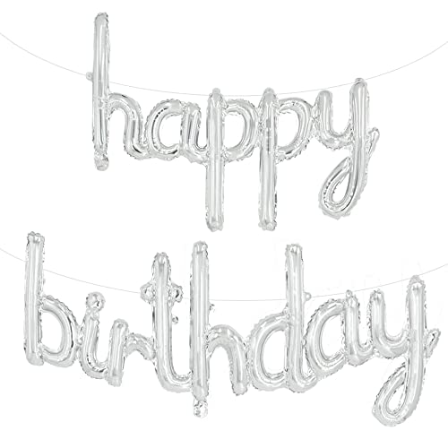 TONIFUL Silver Happy Birthday Balloons Banner, 16 Inch Mylar Foil Script/Cursive Letters Birthday Sign Banner Balloon Reusable Material for Girls Boys Kids & Adults Birthday Decorations - color: Silver
