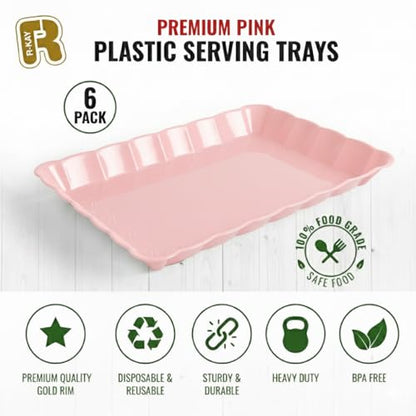 6 Pack Pink Plastic Serving Trays for Party, 9 x 13 Inch - Heavy Duty Plastic Trays for Food - Rectangular Party Serving Trays and Platters - Pink Disposable Trays - color: Pink