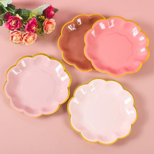 AimFun 48 Pcs Dusty Pink Party Plates Gradient Color Dessert Paper Plate 7inch Gold Foil Scalloped Edge Disposable Cake Plates for Tea Party Birthday Bridal Baby Shower Wedding Party Supplies - color: Dusty Pink