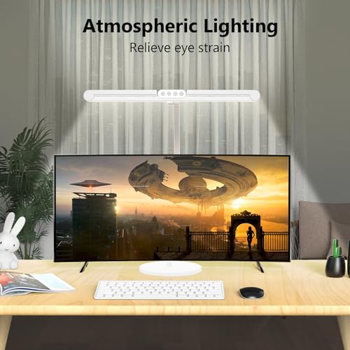 Micomlan Led Desk Lamp with Atmosphere Lighting, Rotatable Tall Architect Desk Lamp for Home Office with Swing Arm, 24W Bright Auto Dimming Adjustable Computer Light with Base for Table - color: White
