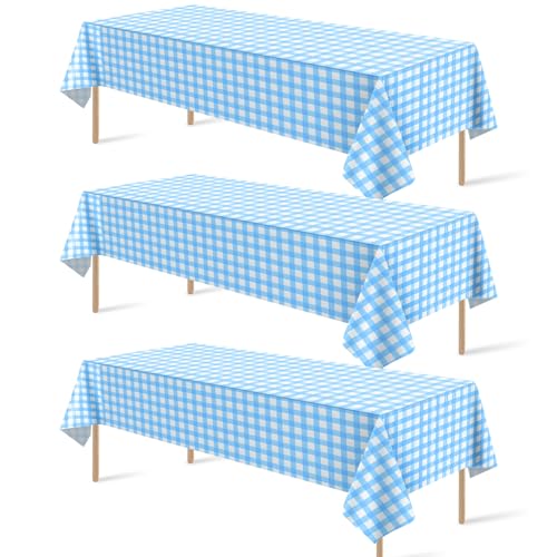 3Pack Light Blue and White Plastic Checkered Tablecloth, Premium Decorative Disposable Light Blue Gingham Plaid Tablecloth for Party, Rectangle Party Table Cover for Picnic Farm Birthday, 54x108 Inch - color: Light Blue Checkered, size: 54"x108"-3 Pack