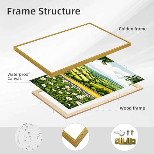 Framed Countryside Landscape Poster Canvas Print Rustic Farmhouse Wall Art Painting Pictures Whimsical Home Decor Wall Decoration for Living Room Bedroom Apartment Wall Decor (12L x16W,Gold Framed) - size: 12L"x16W"