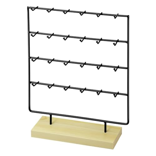 Earring Display Stand for Selling, 4 Tier Wooden Base Earring Rack Tower Display Holder Stand (24 Hooks, Black) - color: Black