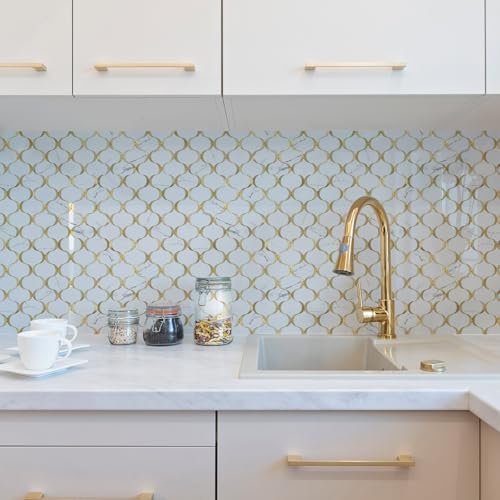 10 Sheet Glossy Arabesque Peel and Stick Backsplash Tile, Stick on Backsplash for Kitchen and Bathroom Wall, Calacatta Gold Marble PVC Mixed Metal Aluminum - color: Calacatta Gold Marble Mixed Metal Gold