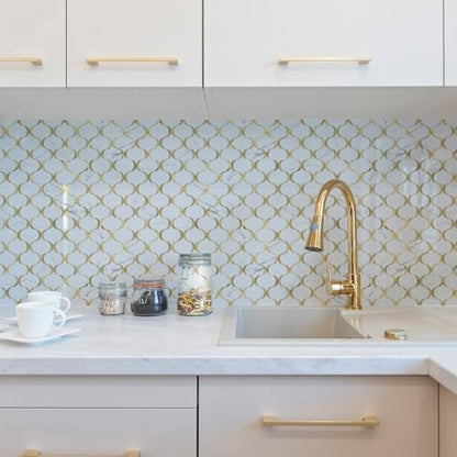 10 Sheet Glossy Arabesque Peel and Stick Backsplash Tile, Stick on Backsplash for Kitchen and Bathroom Wall, Calacatta Gold Marble PVC Mixed Metal Aluminum - color: Calacatta Gold Marble Mixed Metal Gold
