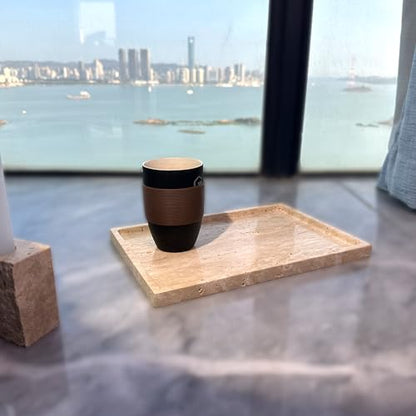 Real Natural Travertine Tray Genuine Marble Stone Tray for Coffee Table/Bathroom/Vanity (Beige Travertine, 12" x 8") - color: Beige Travertine