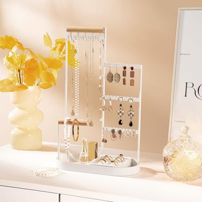 ProCase Jewelry Organizer Tower, 10 Hooks Jewelry Storage Rack Tree Holder Stand with Velvet Ring Display Tray for Necklaces Bracelets Earrings Rings Watches -White - color: White