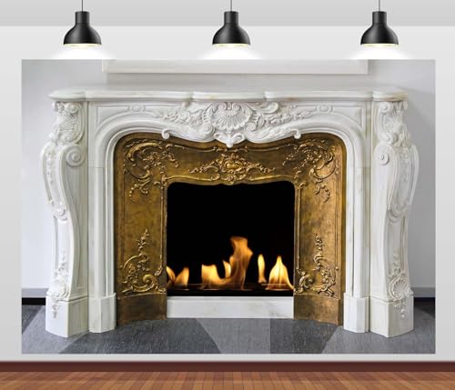 7x5ft White Marble Fireplace Backdrop Interior European Style Stone Fireplace Photo Backdrop Winter Christmas Fireplace Photography Background Home Decor Photo Booth - size: 7x5FT