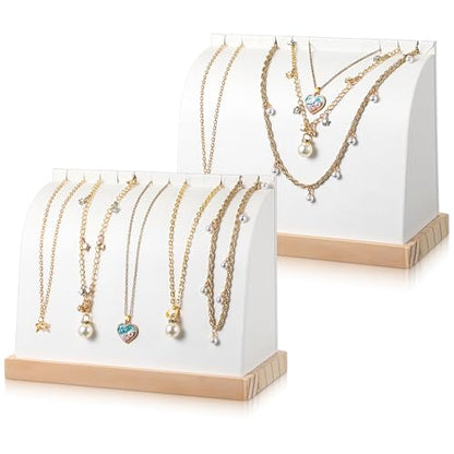 2 Pcs Cambered Wooden Necklace Display Stand with Soft PU Leather Mat, Necklace Bracelet Pendant Chokers Chains Organizer Holder, White Tabletop Jewelry Display Storage Holder for Selling Exhibition