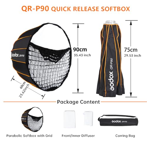 Godox Quick Release Parabolic Softbox,QR-P90 35.4”/90cm Portable Bowens Mount Soft Box with Honeycomb Grid,Carry Bag,Front/Inner Diffuser for Photography Studio Portrait Live Streaming Video Shooting - size: QR-P90