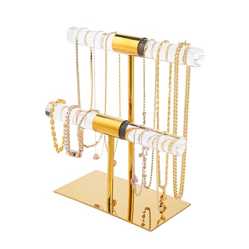 Display Stand Acrylic Jewelry Towers - Stainless Steel Long Necklaces Stand 2-Tier Crystal Tabletop Jewelry Organizer Home Decor for Store Boutique Vendors