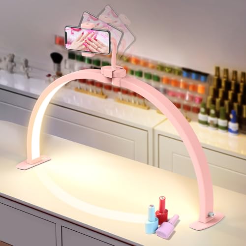 Yokilly Half Moon Light for Nail Desk: 29" Foldable Half Moon Nail Desk Lamp with Phone Holder for Beginner - Arch Tech Light with 3 Color Modes & 10 Brightness for Manicure Salon (Pink) - color: Pink, size: Large