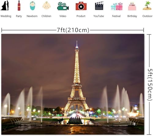 Paris Eiffel Tower Photography Backdrop 7X5FT Paris City Square Night Fountain Background for French Landmark Holiday Happy Birthday Banner Wedding Themed Party Photo Booth Props ZH012 ZHTAOYH - size: 7X5FT