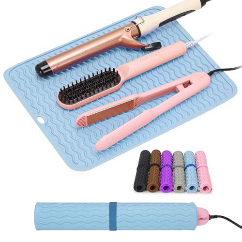 Oversize Silicone Heat Resistant Mat for Curling Irons, Flat Irons, Hair Straighteners and Hot Hair Styling Tools, Portable Wrap Pad Cover for Vanity, Travel, Salon(14.2" x 11.0") - color: Blue