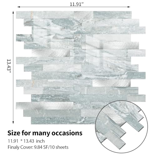 Yipscazo 10 Sheets Peel and Stick Stone Metal Tile Backsplash, Stick on Tiles for Backsplash Kitchen, Bathroom, Laundry Room, Camper, Fireplace (12'' X 12'', Polished Cyan) - color: Polished Cyan