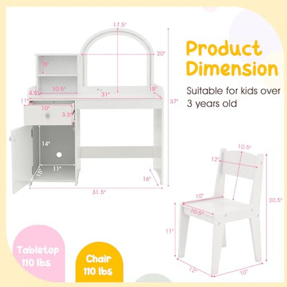 Costzon Kids Vanity with Lights, 2 in 1 Princess Makeup Desk & Chair Set with Lighted Mirror, Drawer, Storage Shelves & Cabinet, Toddler Dressing Table, Vanity Set for Little Girls, White - style: White with Cabinet