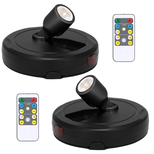 Spotlight Battery Powered, Wireless Picture Light, Accent Spot Light for Indoor Plant Tree, Display LED Puck Lights with Remote and Timer, Stick Uplighting for Photo Painting Dartboard Wall Decor Art - color: Black