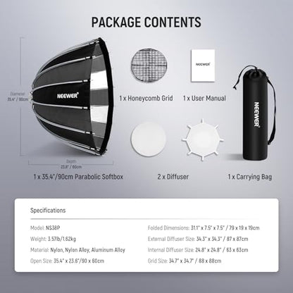 NEEWER BASICS Parabolic Softbox Bowens Mount, 35.4" Quick Release Soft Box Light Diffuser/Grid/Bag Compatible with Godox Compatible with Aputure 600d Studio Photography Video Recording Lighting, NS38P - style: 35.4"/ 90cm Parabolic