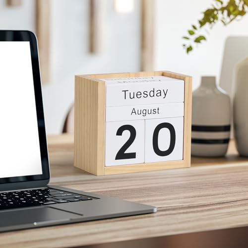 Wooden Block Calendar for Desk, Daily Desktop Perpetual Desk Calendar, Cute Date Display Blocks Desk Accessory for Home Office Decor, Teacher, Classroom, Reusable Yearly, Wood Grain - color: Wood Grain