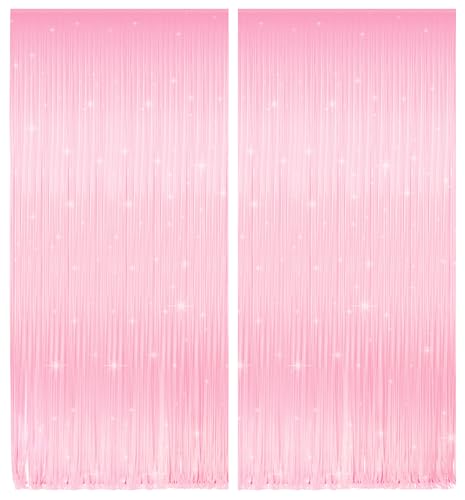 Pastel Pink Tinsel Curtain Backdrop, 3.28 x 8ft Extra Long Macaron Pink Foil Fringe Curtain with Extra Backup Tape, Party Decoration for Easter, Birthday & Photo Booth, 2 Pack - color: Macaron Pink