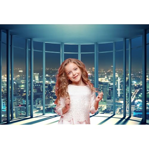 French Window New York City Backdrop Night View Modern Office Skyscrapers Cityscape Photography Background Fashion French Window Theme Backdrop Decorations for Live Streaming Studio Props 5x3ft - color: Dark Blue, size: 5x3ft