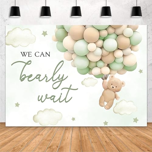 MEHOFOND 10x7ft Bear Baby Shower Backdrop We Can Bearly Wait Baby Shower Party Decorations for Boy Hot Airs Balloons Watercolors Clouds Stars Photography Background Newborn Photo Booth Props (Green) - color: Green, size: 10x7ft