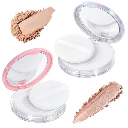 Tokusatsu 2-Pack Refillable Loose Powder Container with Puff & Mirror - 0.17 oz Travel Portable Empty Makeup Compact with Mesh for Women Girls, (Pink, Iridescent Silver) - color: Pink Iridescent Silver