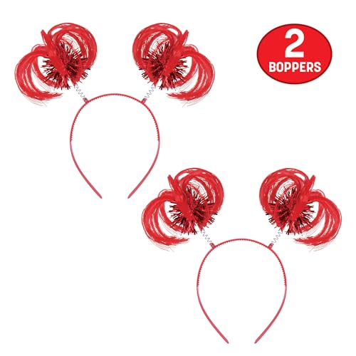 Beistle Red Ponytail Boppers – 2 Pack, Synthetic Hair Headband Accessories with Metallic Fringe, Spirit Headwear for Costume Styling, Themed Party Events, Photo Booth Props, and Novelty Wear