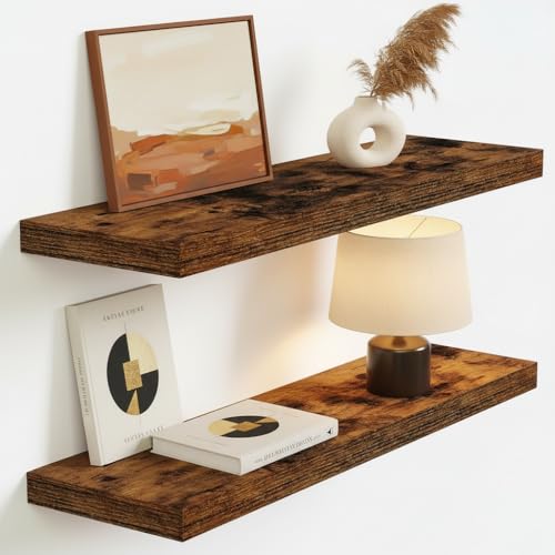 Vivelove Floating Shelves for Wall Mounted, 24 Inch Bathroom Shelves, Display Shelf for Living Room Kitchen Bedroom Office Farmhouse Home Decor, 24" X 9.3" X 1.5" - Set of 2, Rustic Brown - color: Rustic Brown, size: 24x9.3x1.5”