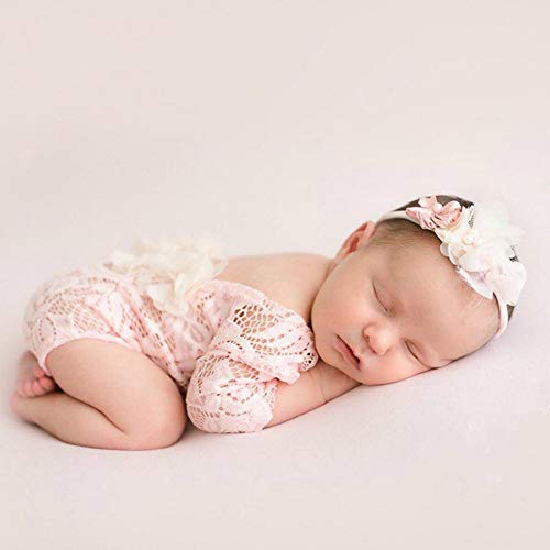 Newborn Lace Romper, 2 PCS Baby Girl Photography Props, Newborn Girl Photography Outfits with Flower Headband for Infants - color: Pink