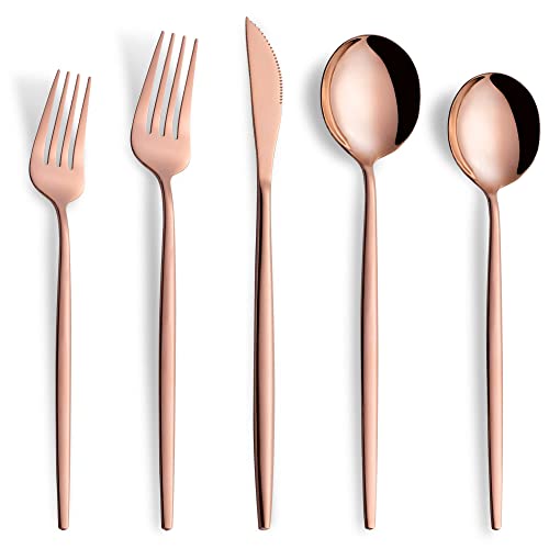 20 Piece Copper Silverware Set,Stainless Steel Flatware Cutlery Set Service for 4 Including Forks Spoons Knives,Kitchen Utensil Set,Tableware for Home and Restaurant, Dishwasher Safe - color: Copper, size: 20-Piece
