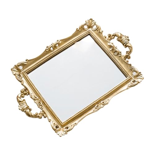 VICASKY Vintage Carved Mirror Tray with Resin Glass Surface Elegant Wedding Storage and Dessert Table Decor Nordic Style Photo Prop for Living Room Hotel Party Use Golden Finish