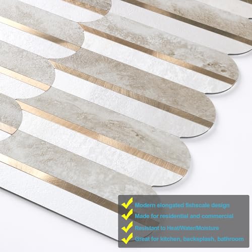 OYAISIM Peel and Stick Backsplash Seamless Tile for Kitchen,Beige Slate PVC Mixed Light Gold Stick on Backsplash Metal Mosaic Wall Tiles - color: Beige Slate+Pure White+Light Gold