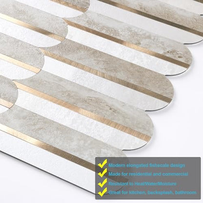 OYAISIM Peel and Stick Backsplash Seamless Tile for Kitchen,Beige Slate PVC Mixed Light Gold Stick on Backsplash Metal Mosaic Wall Tiles - color: Beige Slate+Pure White+Light Gold