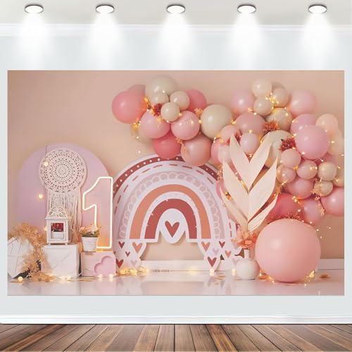 Fabric 7x5ft Girl 1st Birthday Party Backdrop Bohemia Rainbow Sweet One Pink Balloons Scene Photography Background Princess Girl First Birthday Baby Shower Banner Cake Smash Decorations - size: 7x5ft(WxH)