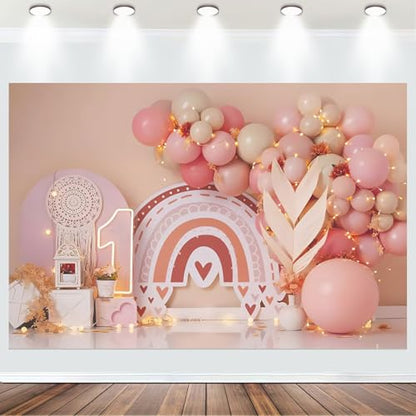Fabric 6x4ft Girl 1st Birthday Party Backdrop Bohemia Rainbow Sweet One Pink Balloons Scene Photography Background Princess Girl First Birthday Baby Shower Banner Cake Smash Decorations - size: 6x4ft(WxH)