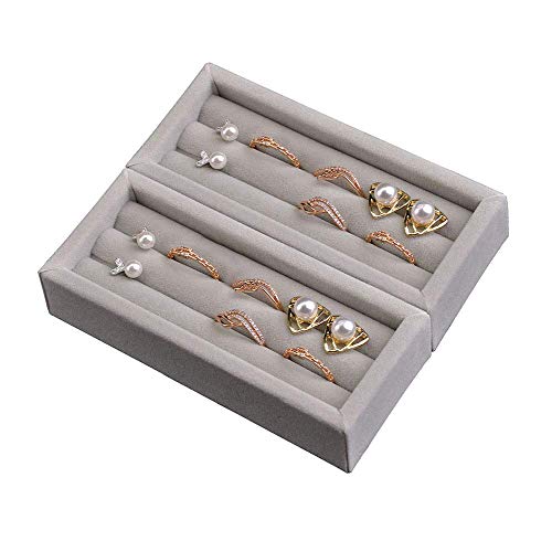 DesignSter Small Jewelry Tray, 2PCS Ring Organizer, Velvet Jewelry Display Tray, Stackable Jewelry Organizer Trays, Jewelry Drawer Organizer Inserts For Dresser, Jewelry Box (Gray) - color: Gray, size: 3 Slots