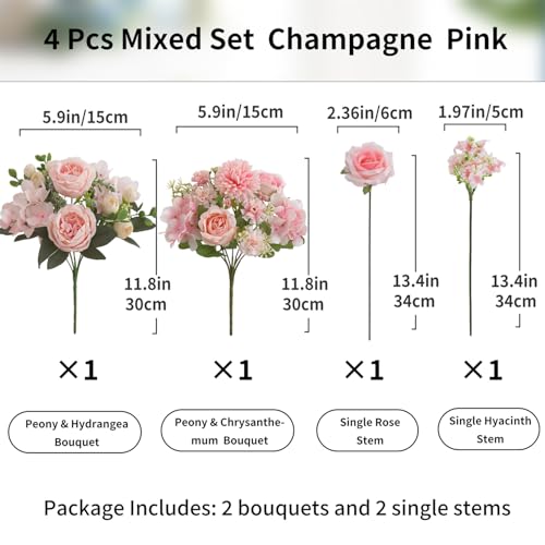4 Pcs Mixed Artificial Peony Flowers Set-2 Bouquets & 2 Stems, Pink Fake Peony Rose Hydrangea Flowers for Vase Silk Floral Arrangements for Table Centerpiece Wedding Party Bridal Decoration Home Decor - color: Champagne Pink, size: Mixed 4pcs