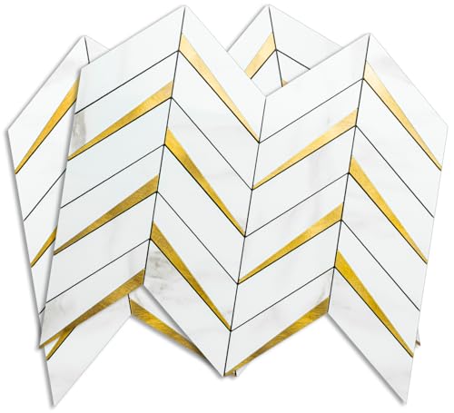 DICOFUN 10-Sheet Herringbone Tile Peel and Stick Backsplash, Polished White Marble PVC Mixed Metal Gold Stick on Backsplash for Kitchen and Bathroom Wall - color: Polished White Marble and Metal Gold, size: 10 Sheets, 12"x12"x0.12"