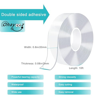 Ohayooz® Extra Strong Double Sided Tape Heavy Duty Removable 50FT, Clear Sticky Adhesive Nano Tape Tough Washable Waterproof Mounting Tape for Hanging Picture, Poster, Carpet, Photo Deco, Pack of 5 - size: 10 Feet Set of 5