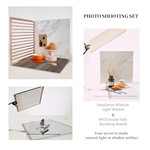 4PCS Double Sided Backdrop Boards, 16x16 inch Waterproof Photo Backdrop with 4PCS Board Brackets, 2PCS Pane Brackets, 1PCS 16x16 inch Window Shadow Pane for Food, Jewelry Photo Shooting - color: Marble/LightWall/EggshellYolk/BeanPasteBrown/Pane