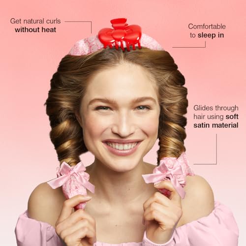 Hello Kitty x Kitsch XL Satin Heatless Curling Set- Heatless Hair Curler To Sleep In for Frizz-Free & Soft Curls, Comes with Bow Shape Design Hair Claw and Satin Scrunchies, Gifts for Women, 4pc Set - color: Pink Kitty Faces